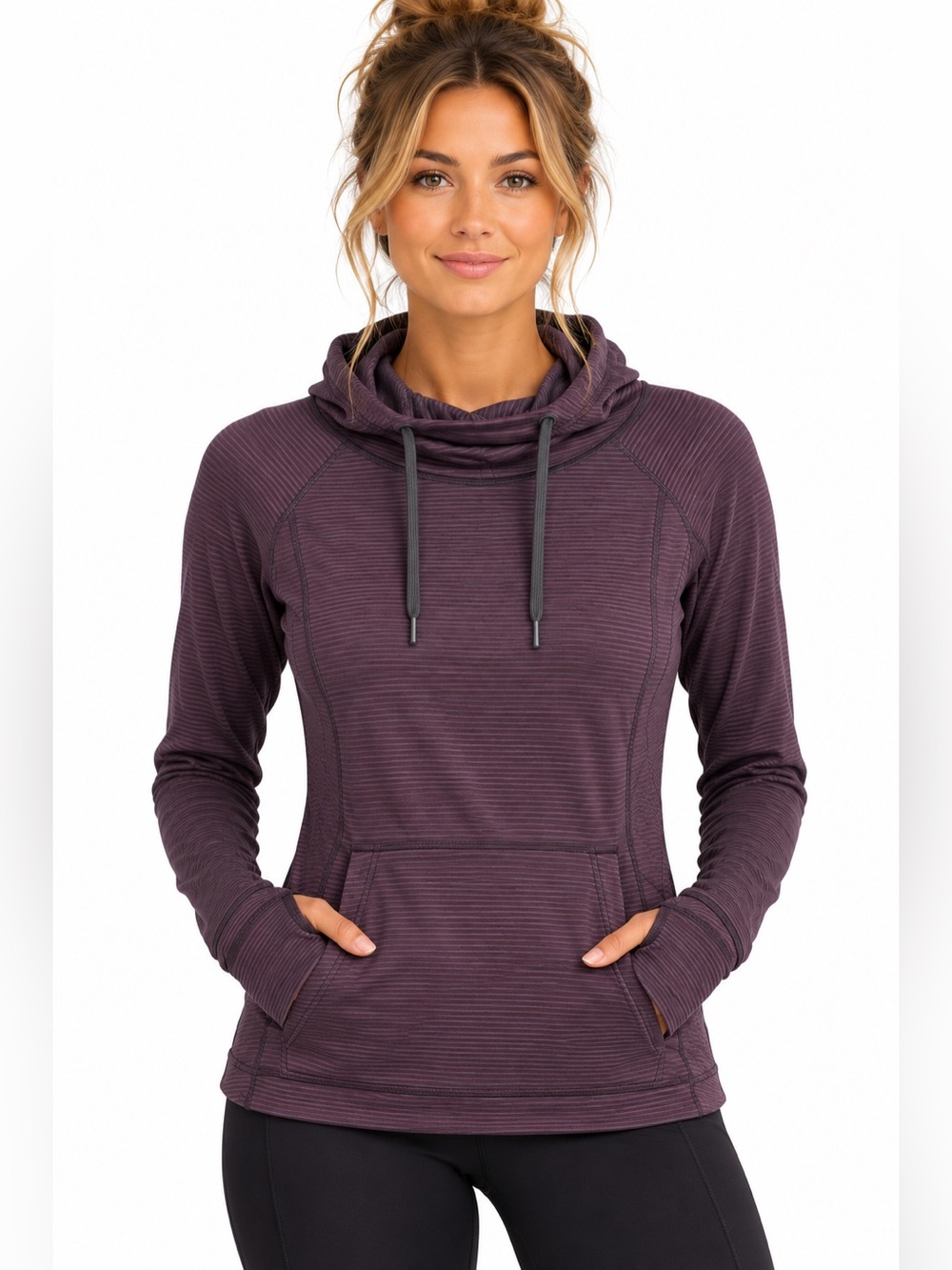 Athleta Heavenly Hail Hoodie L Purple Striped Thumbholes